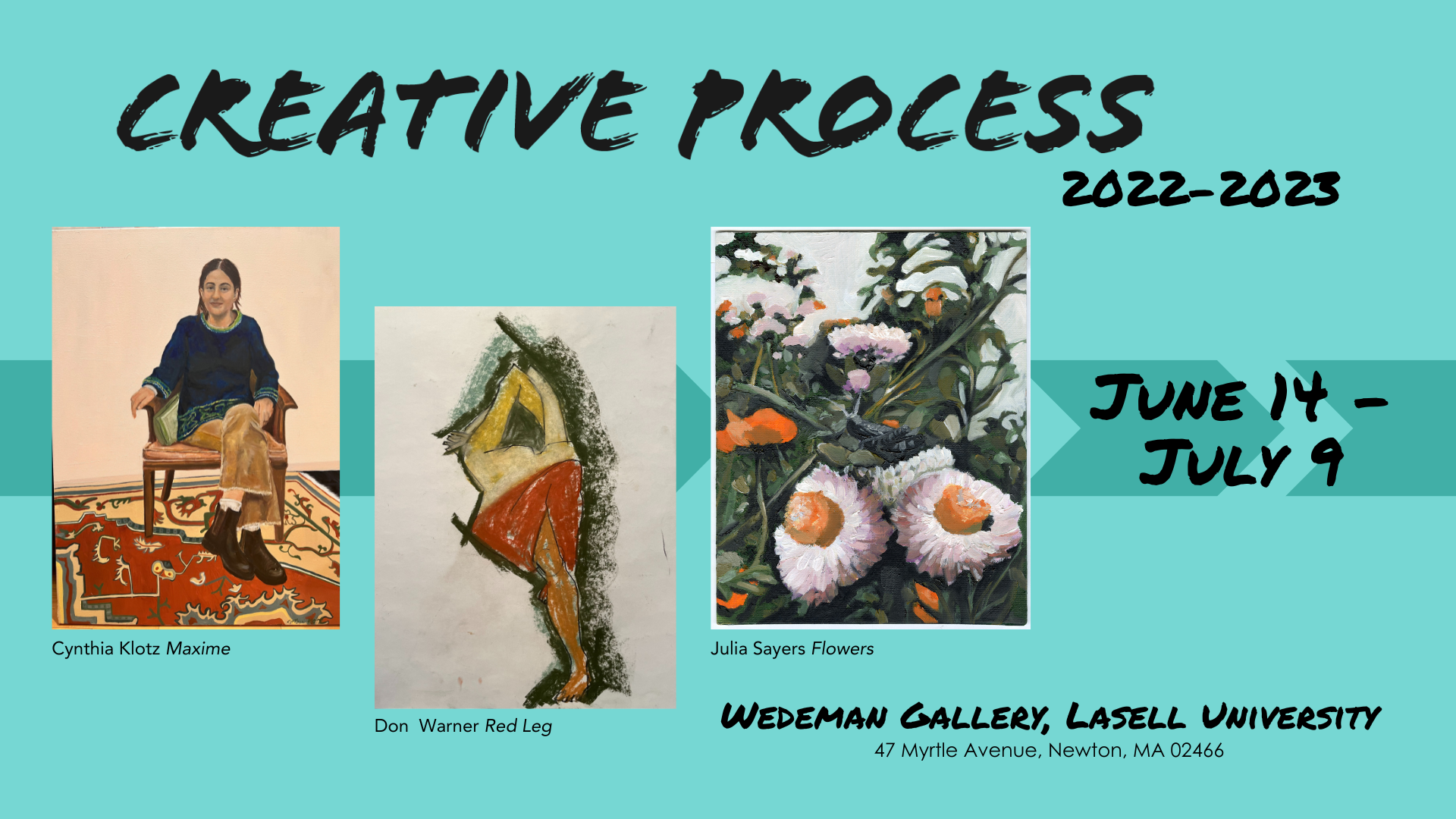 A graphic for Creative Process 2022-2023 featuring work by Cynthia Klotz, Don Warner, and Julie Sayers. The exhibition opens on June 14 and is at the Wedeman Gallery at Lasell University, located at 47 Myrtle Avenue, Newton MA