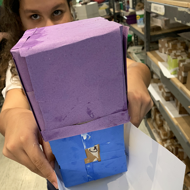 A student holds up two cubes - one purple and one blue - which will become dice.