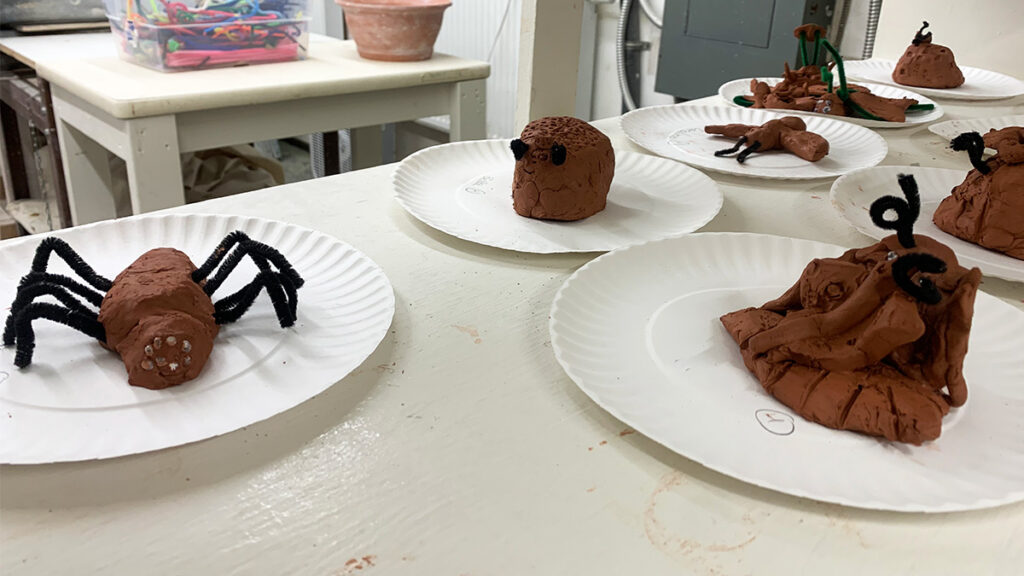 Clay insects rest upon paper plates. A large clay spider has 8 pipe cleaner legs and 8 eyes.
