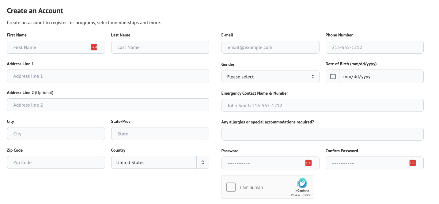 Classes – New Arts Center (create) a screenshot of the account creation page.
